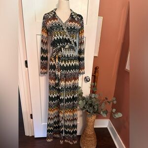 Kathi Rich | Emerald | zig zag pattern | collar | faux wrap | belt | jumpsuit